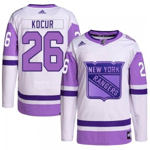 Adidas Joey Kocur New York Rangers Youth Authentic Hockey Fights Cancer Primegreen Jersey - White/Purple