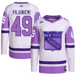 Adidas Lauri Pajuniemi New York Rangers Youth Authentic Hockey Fights Cancer Primegreen Jersey - White/Purple