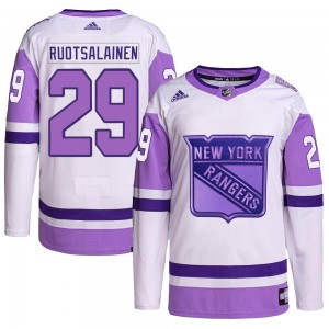 Adidas Reijo Ruotsalainen New York Rangers Youth Authentic Hockey Fights Cancer Primegreen Jersey - White/Purple