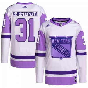 Adidas Igor Shesterkin New York Rangers Youth Authentic Hockey Fights Cancer Primegreen Jersey - White/Purple