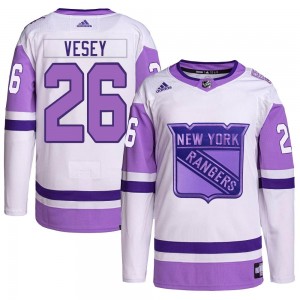 Adidas Jimmy Vesey New York Rangers Youth Authentic Hockey Fights Cancer Primegreen Jersey - White/Purple