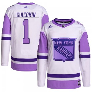 Adidas Eddie Giacomin New York Rangers Men's Authentic Hockey Fights Cancer Primegreen Jersey - White/Purple
