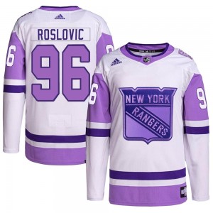 Adidas Jack Roslovic New York Rangers Men's Authentic Hockey Fights Cancer Primegreen Jersey - White/Purple