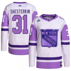 Adidas Igor Shesterkin New York Rangers Men's Authentic Hockey Fights Cancer Primegreen Jersey - White/Purple