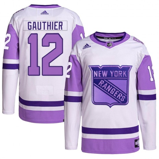 Adidas Julien Gauthier New York Rangers Youth Authentic Hockey Fights Cancer Primegreen Jersey - White/Purple