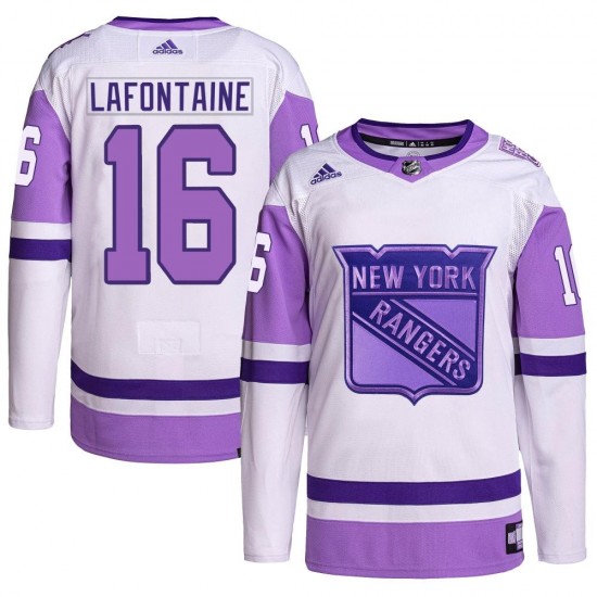 Adidas Pat Lafontaine New York Rangers Youth Authentic Hockey Fights Cancer Primegreen Jersey - White/Purple