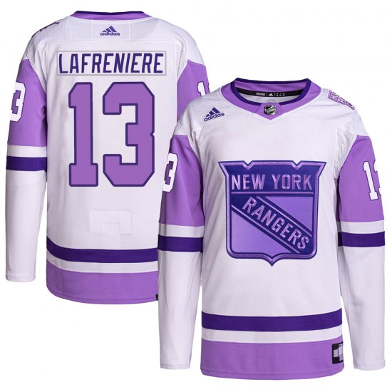 Adidas Alexis Lafreniere New York Rangers Youth Authentic Hockey Fights Cancer Primegreen Jersey - White/Purple