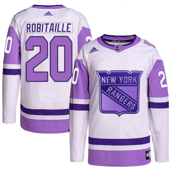 Adidas Luc Robitaille New York Rangers Youth Authentic Hockey Fights Cancer Primegreen Jersey - White/Purple