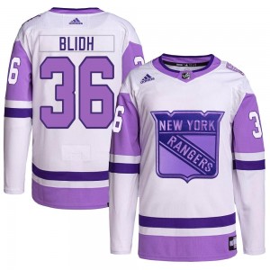 Adidas Anton Blidh New York Rangers Youth Authentic Hockey Fights Cancer Primegreen Jersey - White/Purple