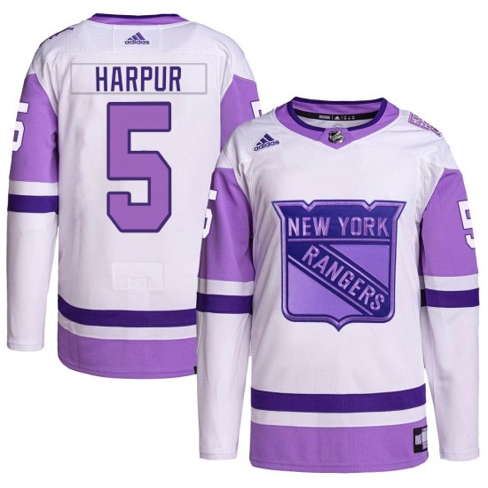 Adidas Ben Harpur New York Rangers Men's Authentic Hockey Fights Cancer Primegreen Jersey - White/Purple
